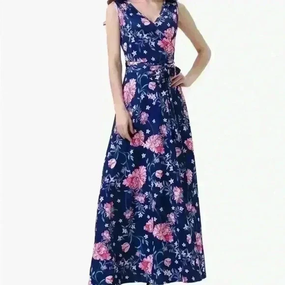 Sleeveless V Neck Vintage Floral Faux Wrap Maxi Dress (M) - Picture 4 of 5